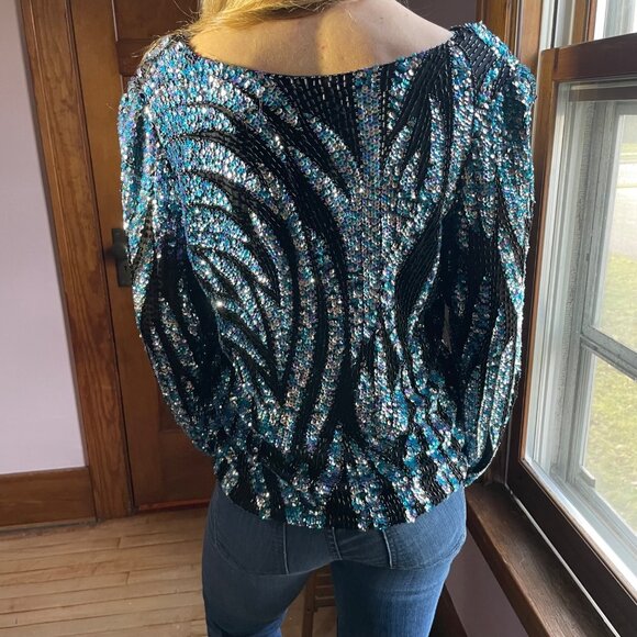 Vintage Oleg Cassini Sequin Top Small 80s Glam Iridescent Blue Black Beaded NYE - Picture 4 of 10